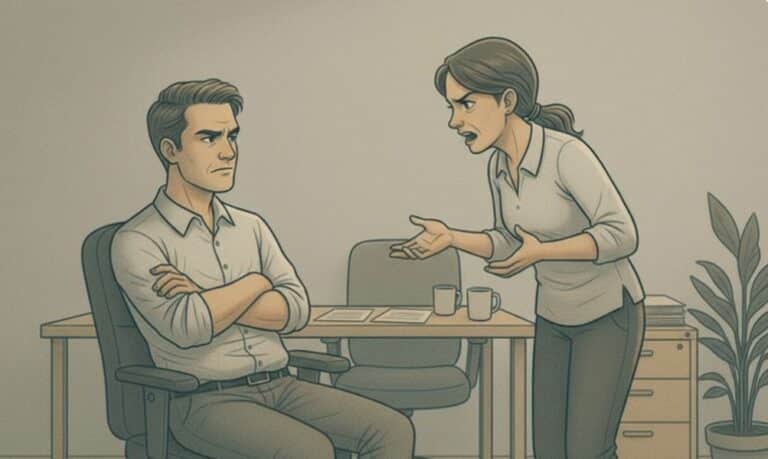 a woman shouting at her husband while he is sitting in front of her with his arms crossed