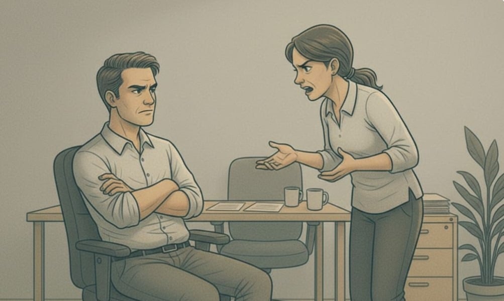 a woman shouting at her husband while he is sitting in front of her with his arms crossed