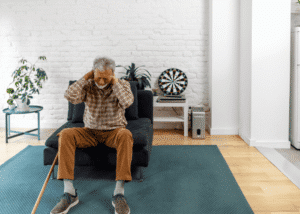 Woman sitting on an armchair with his hands on his neck managing chronic pain