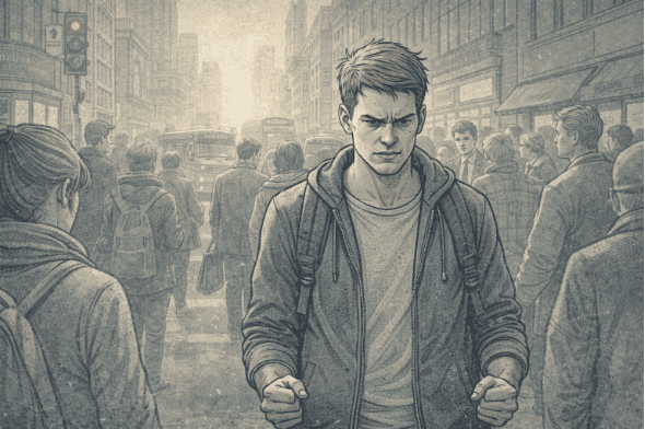 Young man standing in a crowded urban setting with a tense expression and clenched jaw, visually showing the physical tension and overwhelm associated with an acute stress response.