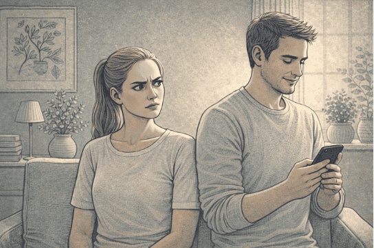 A woman experiencing paranoid thoughts, appearing guarded in a home environment.