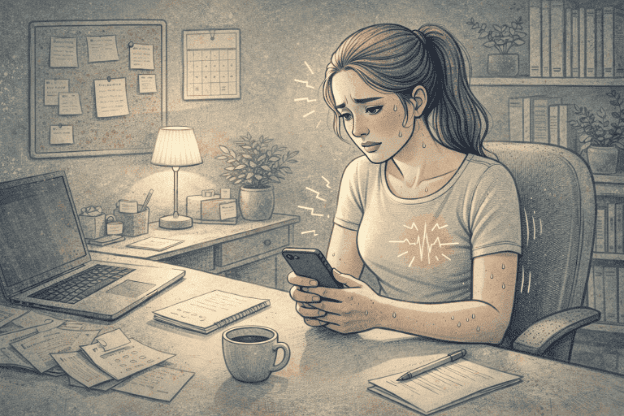 Woman experiencing physical anxiety symptoms with a racing heartbeat and sweating palms while preparing to make a phone call in a home office setting.