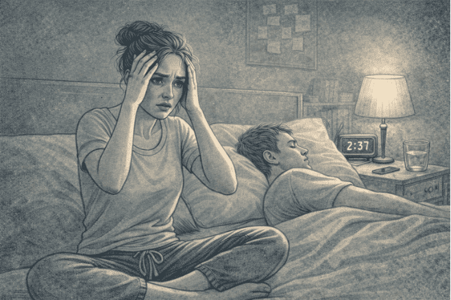 Person awake in bed late at night, looking confused and frightened, holding their head with both hands while their partner sleeps beside them in a dark bedroom.