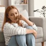 Woman sitting on the floor biting her nails due to political stress and anxiety