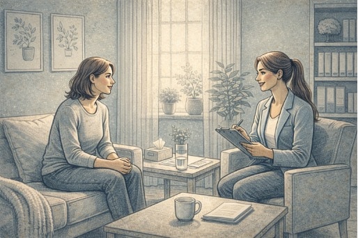 Person sitting across from a therapist in a bright, welcoming office setting, engaged in a calm conversation, reflecting active participation in mental health treatment and recovery planning.