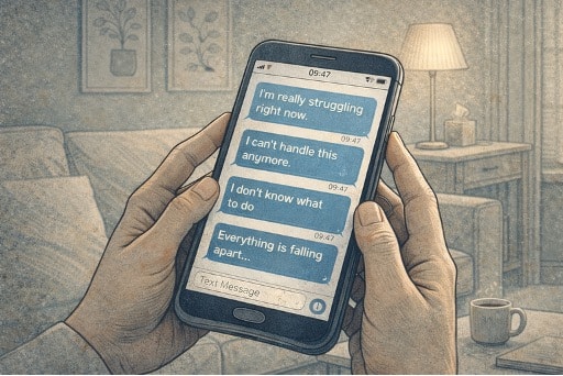 Close-up of a smartphone screen displaying a series of distressed text messages, with a person's hands holding the phone in a room, reflecting concern and urgency.