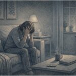 Person sitting alone on a couch in a dimly lit living room, head in hands, showing visible signs of emotional exhaustion and mental distress.