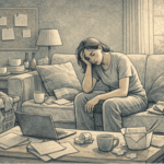 Person with depression sitting on couch looking unmotivated and exhausted, surrounded by undone tasks, illustrating the physical and mental weight of depressive symptoms on daily functioning.