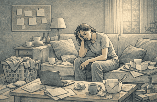Person with depression sitting on couch looking unmotivated and exhausted, surrounded by undone tasks, illustrating the physical and mental weight of depressive symptoms on daily functioning.