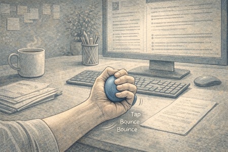 Close-up of an adult's hands quietly squeezing a small stress ball at a tidy office desk while reviewing documents on a computer screen.