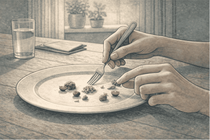 Close-up of a person's hands carefully arranging small pieces of food on a plate in a quiet dining room, illustrating the ritualistic eating behaviors associated with worsening anorexia.