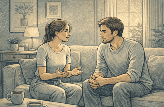 Two people having a calm, supportive conversation with gentle body language, demonstrating effective communication techniques for supporting someone with paranoid delusions.