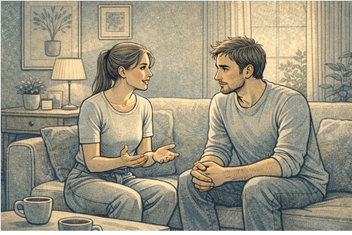 Two people having a calm, supportive conversation with gentle body language, demonstrating effective communication techniques for supporting someone with paranoid delusions.