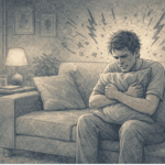 Adult sitting alone on a couch, gripping a cushion tightly with a tense expression, reflecting the frustration and emotional overwhelm associated with intermittent explosive disorder.
