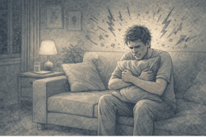 Adult sitting alone on a couch, gripping a cushion tightly with a tense expression, reflecting the frustration and emotional overwhelm associated with intermittent explosive disorder.