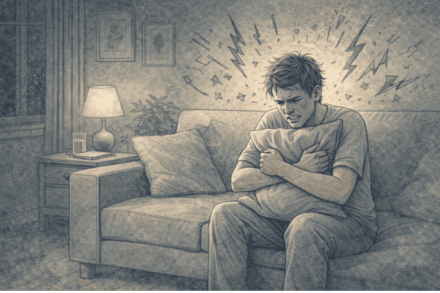 Adult sitting alone on a couch, gripping a cushion tightly with a tense expression, reflecting the frustration and emotional overwhelm associated with intermittent explosive disorder.
