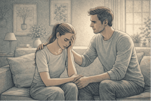 A woman sitting on a couch, looking distressed after a psychosis episode, while a loved one places a comforting hand on her shoulder in a warm, softly lit living room setting.