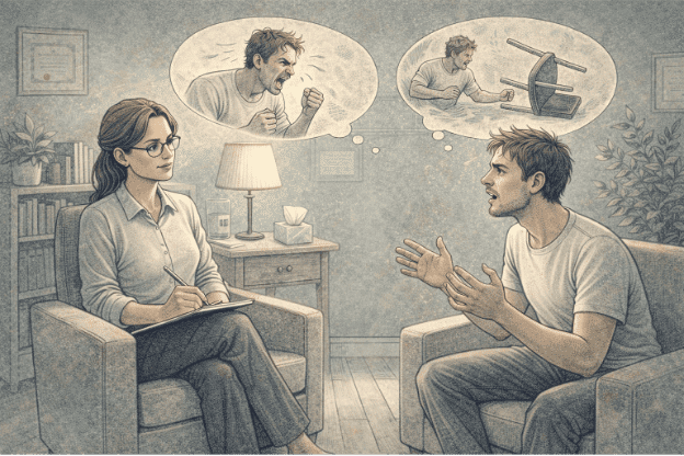 Mental health professional conducting a clinical assessment with an adult patient in a calm office setting, reviewing behavioral patterns during a diagnostic evaluation for intermittent explosive disorder.