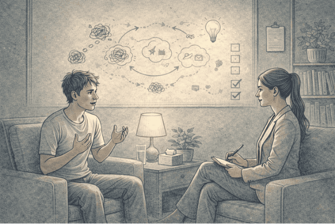 Adult participating in a one-on-one cognitive behavioral therapy session with a licensed therapist, learning coping strategies and emotional regulation techniques in a supportive clinical environment.