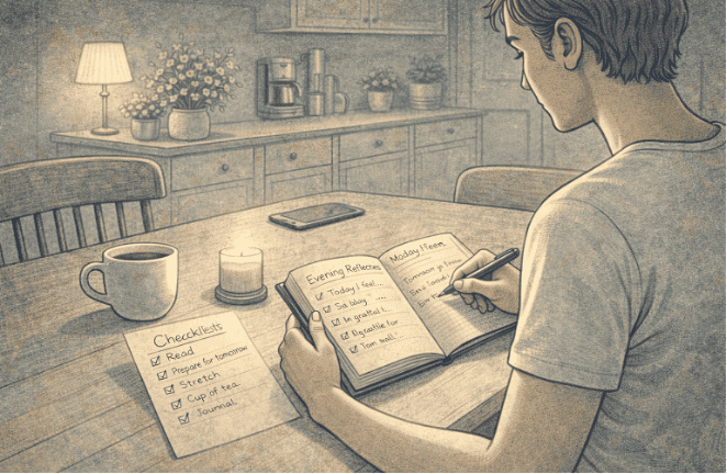 Young man with ADHD writing in a small journal at a kitchen table during his evening wind-down routine, with a completed checklist and a calming, organized space around him.
