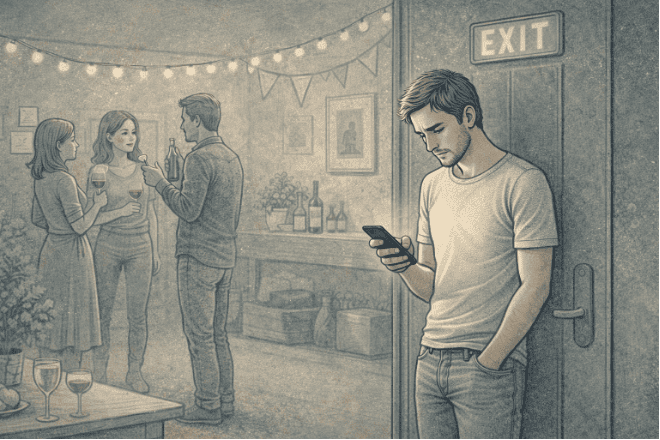 Person at a social gathering standing near the exit while checking their phone, physically distancing themselves from the group as a coping mechanism for social anxiety.