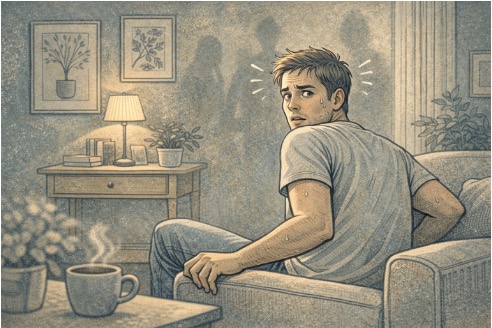 Person experiencing paranoid delusions showing visible distress and fear while looking over their shoulder, illustrating the intense anxiety that accompanies these symptoms.
