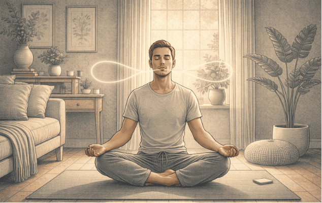 A man sitting cross-legged on a yoga mat, practicing deep breathing exercises with his hands resting on his knees in a quiet, sunlit room.