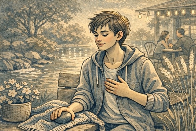 Person practicing grounding techniques by mindfully touching different textures and observing their surroundings to manage anxiety heart palpitations, and stay present in the moment.