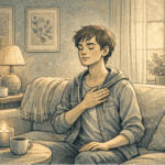 Person sitting quietly with hand on chest, practicing deep breathing to ease anxiety heart palpitations in a peaceful indoor setting.