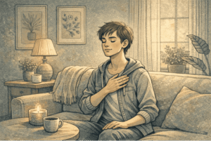 Person sitting quietly with hand on chest, practicing deep breathing to ease anxiety heart palpitations in a peaceful indoor setting.
