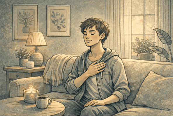 Person sitting quietly with hand on chest, practicing deep breathing to ease anxiety heart palpitations in a peaceful indoor setting.