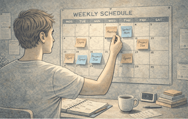 Person placing colorful sticky-note reminders on a wall calendar while organizing their weekly schedule, with a cup of coffee and a timer visible on the desk beside them.