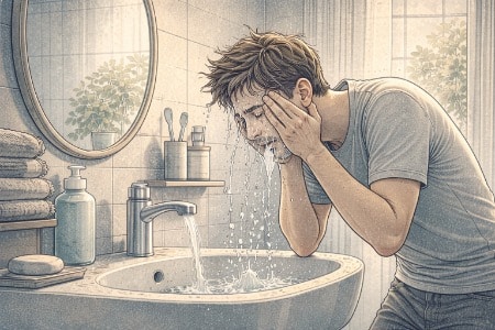 Young man leaning over a bathroom sink, splashing cold water on his face to calm anxiety, with water dripping through his hands.