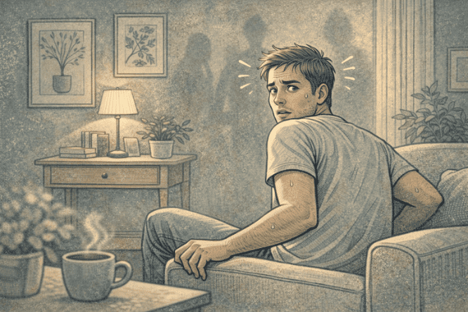 Person experiencing paranoid delusions showing visible distress and fear while looking over their shoulder, illustrating the intense anxiety that accompanies these symptoms.