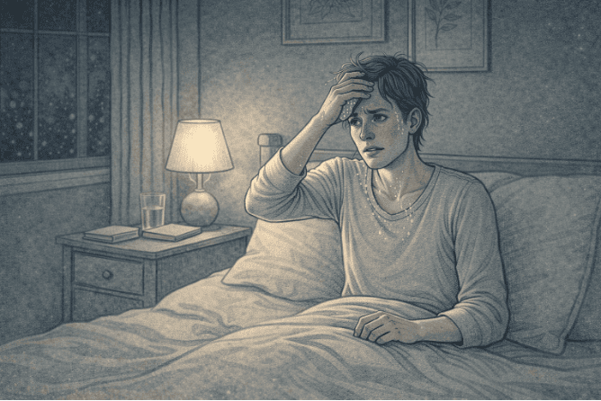 Person sitting up in bed at night wiping sweat from their forehead with visibly trembling hands, looking anxious and disoriented in a dimly lit bedroom.