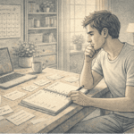Adult male with ADHD sitting at a desk surrounded by scattered notes and an open planner, looking contemplative while trying to organize his daily schedule in a bright, lived-in home office.
