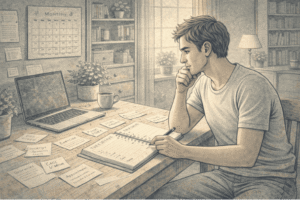 Adult male with ADHD sitting at a desk surrounded by scattered notes and an open planner, looking contemplative while trying to organize his daily schedule in a bright, lived-in home office.