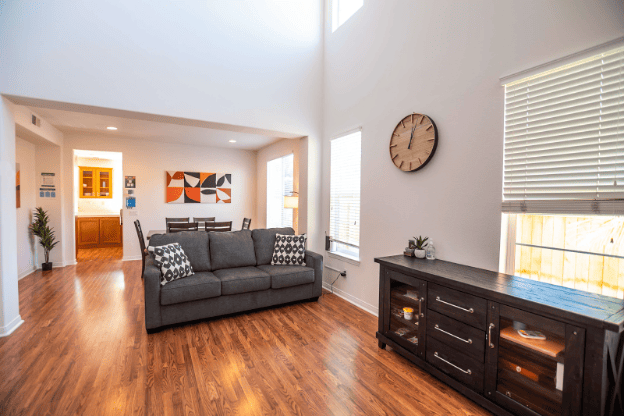 A Mission For Michael (AMFM) residential treatment facility featuring a warm, home-like interior with comfortable seating and soft lighting, designed to provide a calm and supportive environment for mental health recovery.