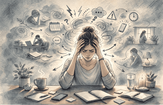 Illustration of a person holding their head with visible signs of stress and overwhelm, surrounded by faint outlines suggesting racing thoughts and hypervigilance after trauma.