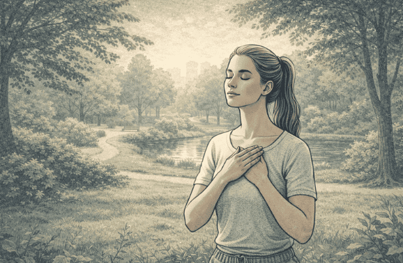 Woman practicing a calm breathing exercise outdoors in a green park setting, with her eyes closed and hands resting gently on her chest, actively managing stress through mindful grounding techniques.