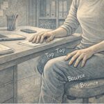 Adult sitting at a desk tapping their fingers and bouncing their knee during a work task, reflecting the restless energy common in ADHD fidgeting.