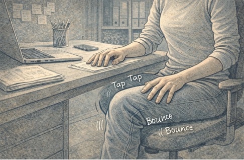 Adult sitting at a desk tapping their fingers and bouncing their knee during a work task, reflecting the restless energy common in ADHD fidgeting.
