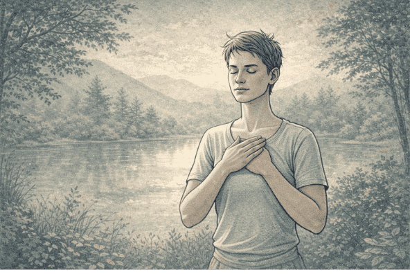 Person practicing deep breathing exercises in a peaceful outdoor setting, eyes closed and hands resting gently on their chest, actively working to calm their nervous system.