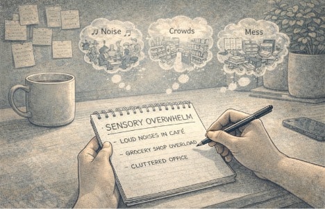 Person writing in a small notebook at a quiet desk, logging daily moments of sensory overwhelm to identify recurring ADHD overstimulation triggers.