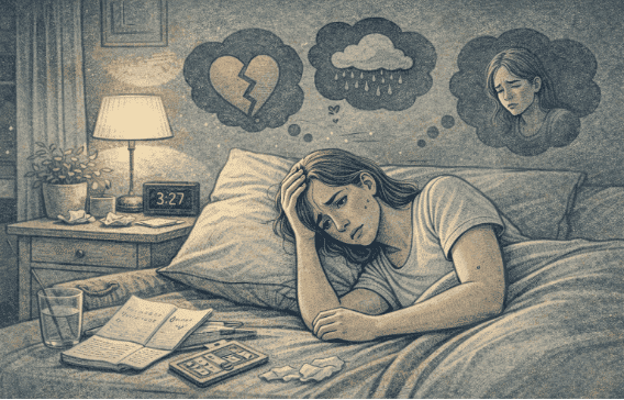 Illustration of someone finding it difficult to sleep as a result of depression.