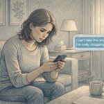 Person sitting on a couch, carefully reading a distressed text message from a friend experiencing a mental breakdown, preparing a supportive response.