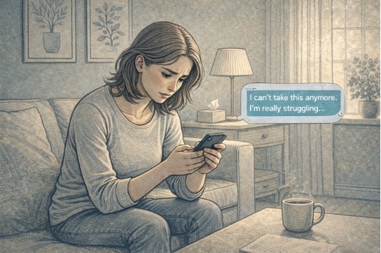 Person sitting on a couch, carefully reading a distressed text message from a friend experiencing a mental breakdown, preparing a supportive response.