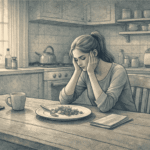 Young woman sitting alone at a kitchen table staring at a nearly untouched plate of food, reflecting the anxiety and internal conflict associated with worsening anorexia.