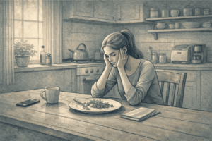 Young woman sitting alone at a kitchen table staring at a nearly untouched plate of food, reflecting the anxiety and internal conflict associated with worsening anorexia.