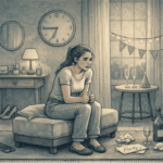 Person sitting alone in a quiet room experiencing visible nervousness and physical tension before an upcoming social event, with a worried expression and clenched hands.